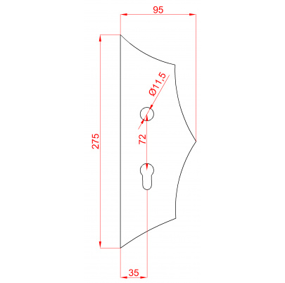 DOPREDAJ! Štít 275x95x5mm s otvormi, rozteč 72mm, otvor pre kľučku ø 11,5mm, zdobený, pravý, pre zámok ZM72/50