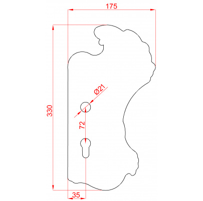DOPREDAJ! Štít 330x175x3mm s otvormi, rozteč 72mm, otvor pre kľučku ø 21mm, zdobený, pravý, pre zámok ZM72/50