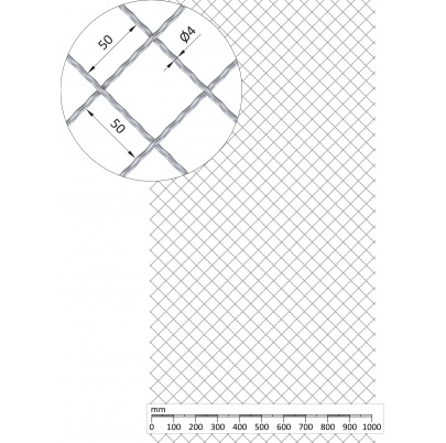 Rebierkové pletené sito - vzor Diamant, oko: 50x50mm, priemer pletiva 4mm, rozmer 1000x2000mm, materiál: Nerez /AISI 304