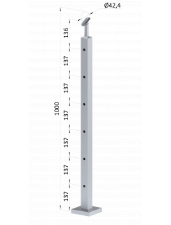 Nerezový stĺp, vrchné kotvenie, 6 dierový priechodný, vrch nastaviteľný (40x40mm), brúsená nerez K320 /AISI304