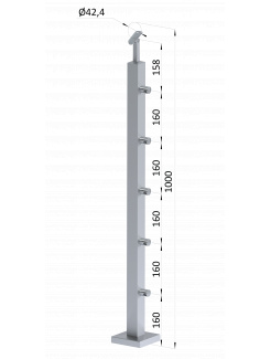 Nerezový stĺp, vrchné kotvenie, 5 radový priechodný, vrch nastaviteľný (40x40mm), brúsená nerez K320 /AISI304