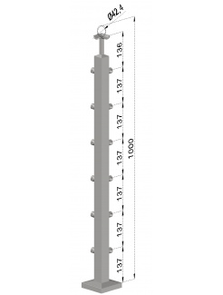 Nerezový stĺp, vrchné kotvenie, 6 radový rohový, vrch pevný (40x40mm), brúsená nerez K320 /AISI304