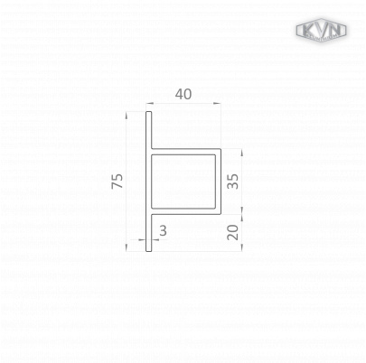 T profil uzavretý 40x35x75mm, L-6000mm, bez povrchovej úpravy
