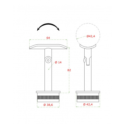 Držiak madla s kĺbom na trubku ø42.4mm, PVD - čierna