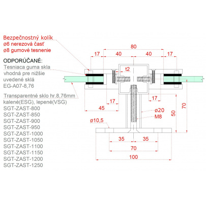 Nerezový stĺp, bočné kotvenie, výplň: sklo, priechodný