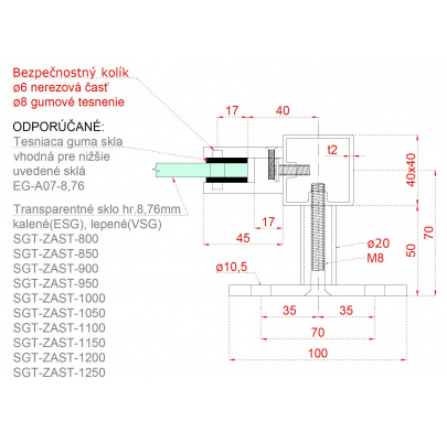 Nerezový stĺp, bočné kotvenie, výplň: sklo, pravý