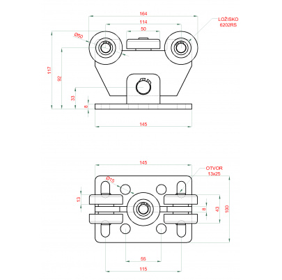 Samonosný systém 60x60x4mm posuvnej brány do 150kg/4m otvor (W39/60Zn 6m pozinkovaný profil, 1x W-SET60F)