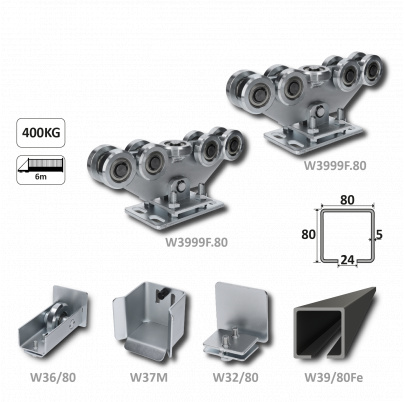 Samonosný systém 80x80x5mm posuvnej brány do 400kg/6m otvor (W39/80Fe 6m čierný profil, 1x W-SET809F)