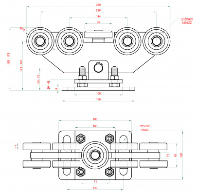 Samonosný systém 80x80x5mm posuvnej brány do 400kg/6m otvor (W39/80Fe 6m čierný profil, 1x W-SET809F)