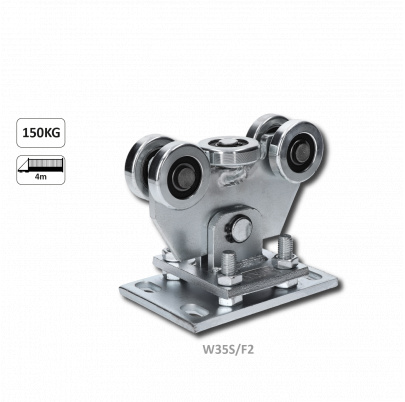 Vozík pre profil C-60x60x4mm samonosného systému posuvnej brány, výškovo nastaviteľný, pozinkovaný, 5x oceľové koliesko s ložiskom 6202RS