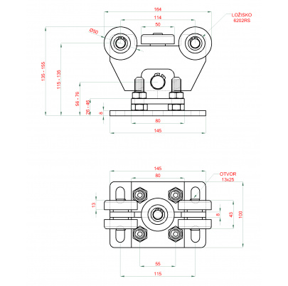Vozík pre profil C-60x60x4mm samonosného systému posuvnej brány, výškovo nastaviteľný, pozinkovaný, 5x oceľové koliesko s ložiskom 6202RS