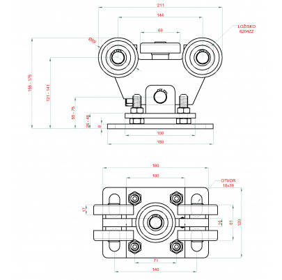 Vozík pre C-profil 80x80x5/4mm výškovo nastaviteľný, 5x polyamidové koliesko s ložiskom 6204ZZ, galvanické zinkovanie