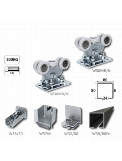 Samonosný systém 80x80x5mm posuvnej brány do 300kg/5m otvor (W39/80Fe 6m čierny profil, 2x W35MR/N, 1x W36/80, 1x W37M, 1x W32/80)