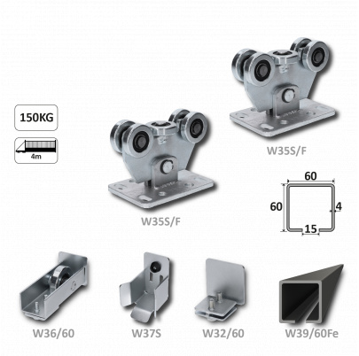 Samonosný systém 60x60x4mm posuvnej brány do 150kg/4m otvor (W39/60Fe 6m čierný profil, 1x W-SET60/F)