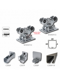 PICCOLO-Kombinovaný (Nerez/Pozink) samonosný systém  67x67x3mm pre posuvné brány do 200kg/4,5m otvor (C399P-IX 1x6m nerezový profil, W395P.F2 2ks, C397P 1ks, C396P 1ks, C398P 1ks)