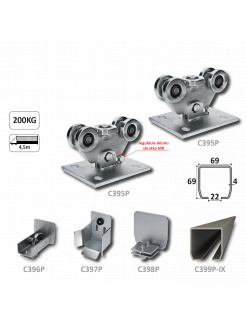 PICCOLO-Kombinovaný (Nerez/Pozink) samonosný systém  67x67x3mm pre posuvné brány do 200kg/4,5m otvor (C399P-IX 1x6m nerezový profil, C395P 2ks, C397P 1ks, C396P 1ks, C398P 1ks)