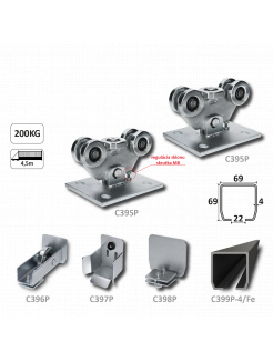 PICCOLO-Klasik samonosný systém 69x69x4mm posuvnej brány do 200kg/4,5m otvor (C399P-4/Fe 1x6m čierný profil, C395KIT/P-K 1ks) intenzívna prevádzka