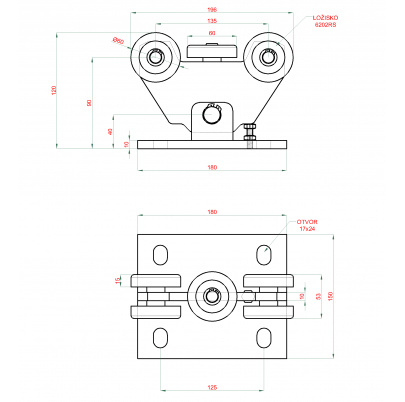 PICCOLO-Klasik samonosný systém 69x69x4mm posuvnej brány do 200kg/4,5m otvor (C399P-4/Fe 1x6m čierný profil, C395KIT/P-K 1ks) intenzívna prevádzka