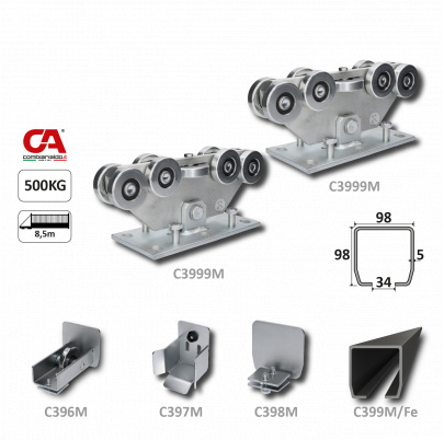 MEDIO-9 samonosný systém 98x98x5mm posuvnej brány do 500kg/8,5m otvor (C399M/Fe 1x6m čierny profil, C3999M 2ks, C396M 1ks, C397M 1ks, C398M 1ks), intenzívna prevádzka