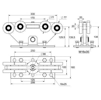 MEDIO-9 samonosný systém 98x98x5mm posuvnej brány do 500kg/8,5m otvor (C399M/Fe 1x6m čierny profil, C3999M 2ks, C396M 1ks, C397M 1ks, C398M 1ks), intenzívna prevádzka
