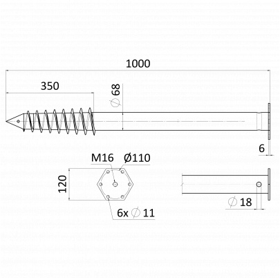 Zemná skrutka / zemný vrut - pätka s prírubou, 120x1000mm, žiarový pozink