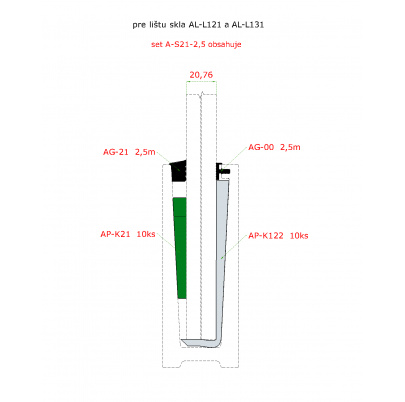 2.5m set pre 20.76mm sklo, k AL profilom
