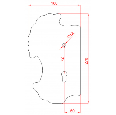 Štít 270x160x3mm s otvormi, rozteč 72mm, otvor pre kľučku ø 12mm, zdobený, ľavý