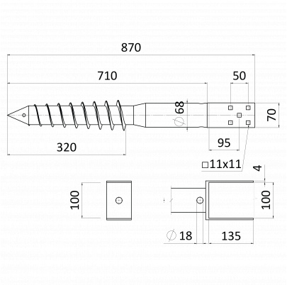 Zemná skrutka / zemný vrut - pätka U, 100x900mm, zinková farba