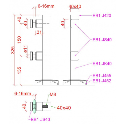 Nerezový stĺpik na sklo s dvomi svorkami ø40mm