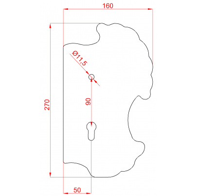 DOPREDAJ! Štít 270x160x3mm s otvormi, rozteč 90mm, otvor pre kľučku ø 11,5mm, zdobený, pravý, pre zámok ZM90/80