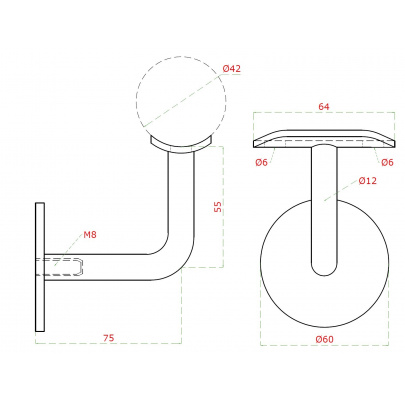 Držiak madla ø42.4mm na stenu, brúsená nerez AISI304