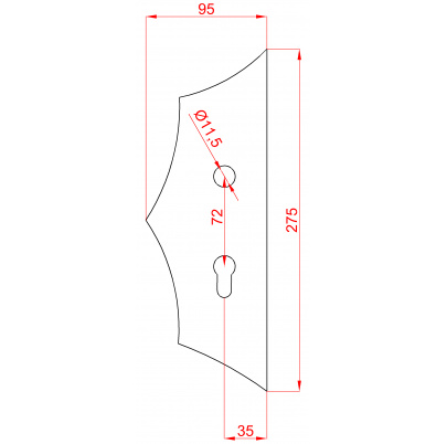 DOPREDAJ! Štít 275x95x5mm s otvormi, rozteč 72mm, otvor pre kľučku ø 11,5mm, zdobený, ľavý, pre zámok ZM72/50