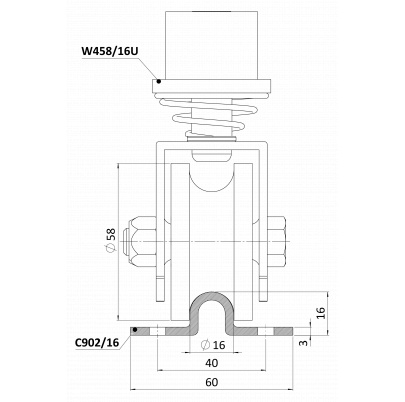 Otočné vodiace koliesko 58mm, pre U profil ø16mm