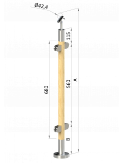 Drevený stĺp, vrchné kotvenie, výplň: sklo, priechodný, vrch nastaviteľný (ø 42mm), materiál: buk, brúsený povrch bez náteru