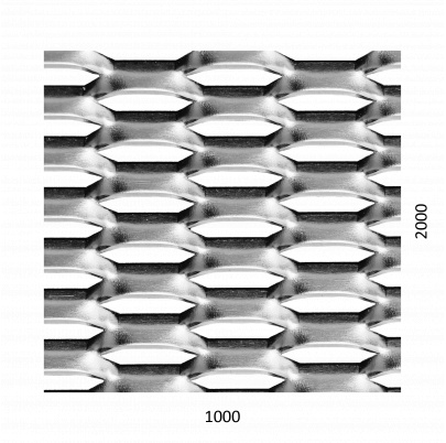 ťahokov Zn, kosoštvorcové oko: 44x12mm, mostík: 5mm (1000x2000x1.5mm), orientácia oka: rozmer oka 44mm je rovnobežná s rozmerom tabule 1000mm