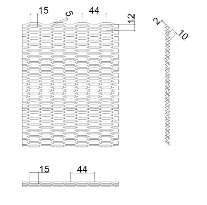 ťahokov Zn, kosoštvorcové oko: 44x12mm, mostík: 5mm (1000x2000x1.5mm), orientácia oka: rozmer oka 44mm je rovnobežná s rozmerom tabule 1000mm