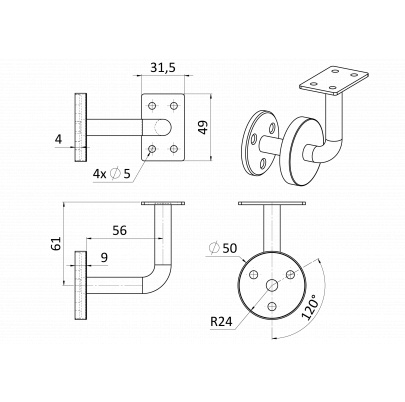Držiak madla 40x40mm na stenu s krytkou, brus AISI304
