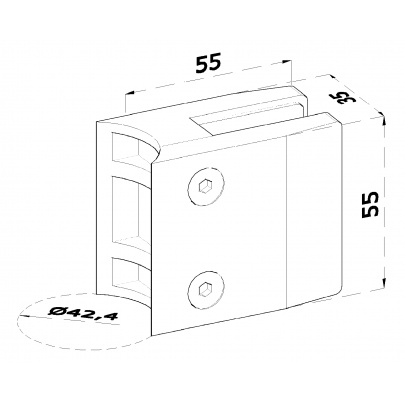 DOPREDAJ! Svorka skla s podložkou na trubku ø 42.4mm (55x55x35mm) pre sklo 10-12.76mm, brúsená nerez K320 /AISI304, balenie neobsahuje gumičky na sklo