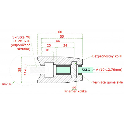 DOPREDAJ! Svorka skla s podložkou na trubku ø 42.4mm (55x55x35mm) pre sklo 10-12.76mm, brúsená nerez K320 /AISI304, balenie neobsahuje gumičky na sklo