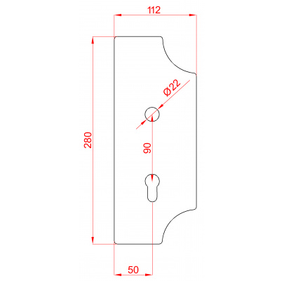 DOPREDAJ! Štít 280x112x3mm s otvormi, rozteč 90mm, otvor na kľučku ø 22mm, zdobený, pravý