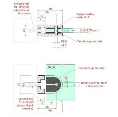 Svorka skla/plechu, sklo 6-8.76mm, brúsená AISI304