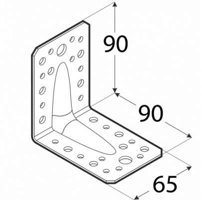 Uholník s prelisom 90x90x65mm, 2,0mm, čierny, otvory priemer 5mm-16ks, 7mm-12ks, 11mm-2ks
