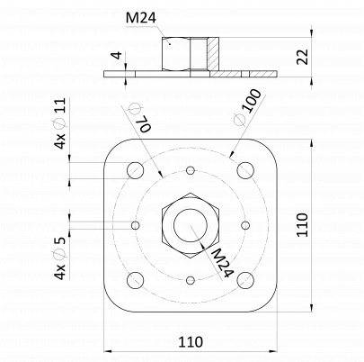 Horná doska 110x110 s maticou M24, žiarový pozink, výška 23mm, pätka piliera