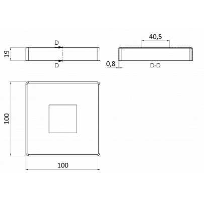 Kryt spodnej príruby (100x100mm /19x0,8mm), otvor:40.5x40.5mm, brúsená nerez K320 /AISI304