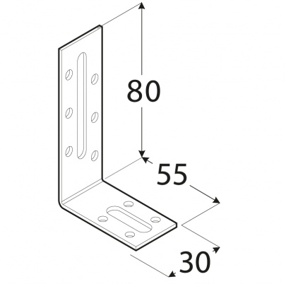Uholník nastaviteľný 80x55x30mm, 2,0mm, pozink, diery 5mm-10ks, otvory 6,5/48,5mm-1ks, 8,5/21,5mm-1ks