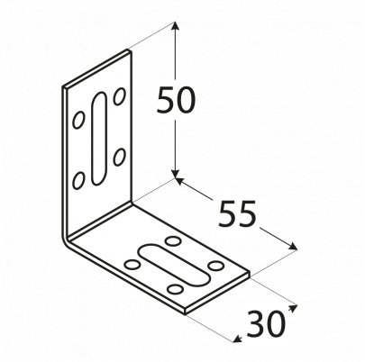 Uholník nastaviteľný 50x55x30mm, 2,0mm, pozink, diery 5mm-8ks, otvory 6,5/23mm-1ks, 8,5/21,5mm-1ks