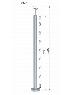 Nerezový stĺp, vrchné kotvenie, 8 dierový na lanko, koncový, vrch pevný (ø 42.4x2mm), brúsená nerez K320 /AISI304