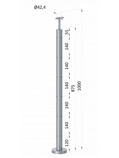 Nerezový stĺp, vrchné kotvenie, 6 dierový na lanko, rohový: 90°, vrch pevný (ø 42.4x2mm), brúsená nerez K320 /AISI304