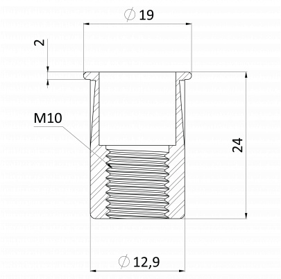 AISI304 nitovacia matica M10, plochá, rýhovaný driek, L-19mm