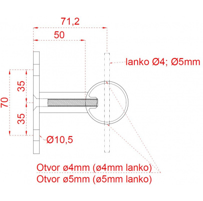 Nerezový stĺp, bočné kotvenie, 6-dierový, lanko, priechodný